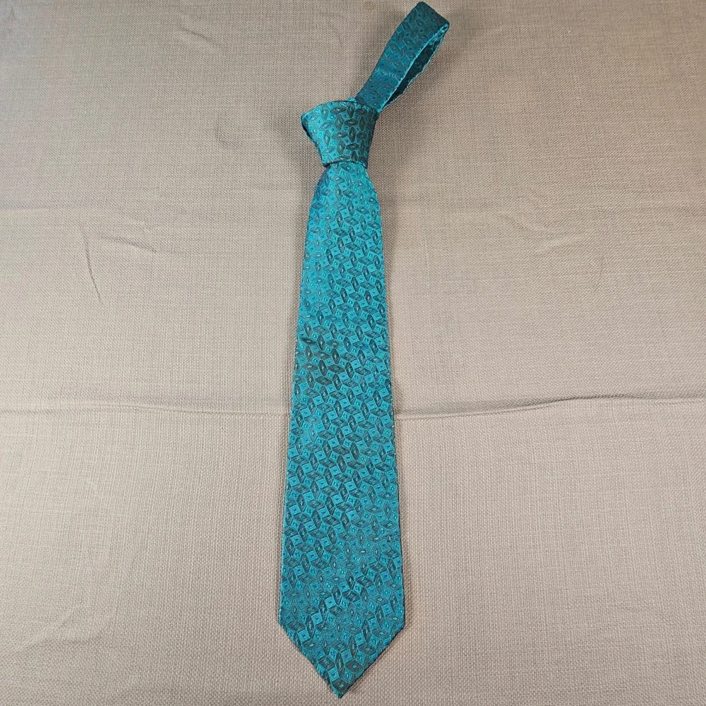 Oscar‎ de la Renta Couture Mens Teal Geometric Silk Necktie Designer Tie